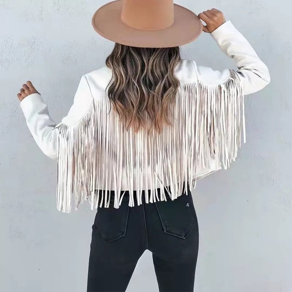 Boho Off White Tassel suede women fringe jacket long sleeve jacket - Picture 5 of 7